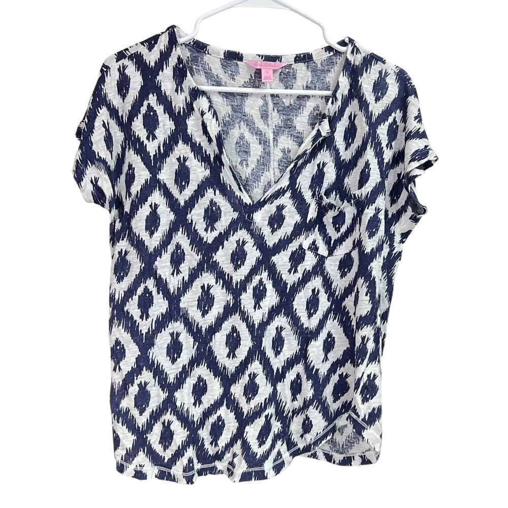 Lilly Pulitzer Duval Linen Short Sleeve Shirt Little Fish Ikat Navy White Small